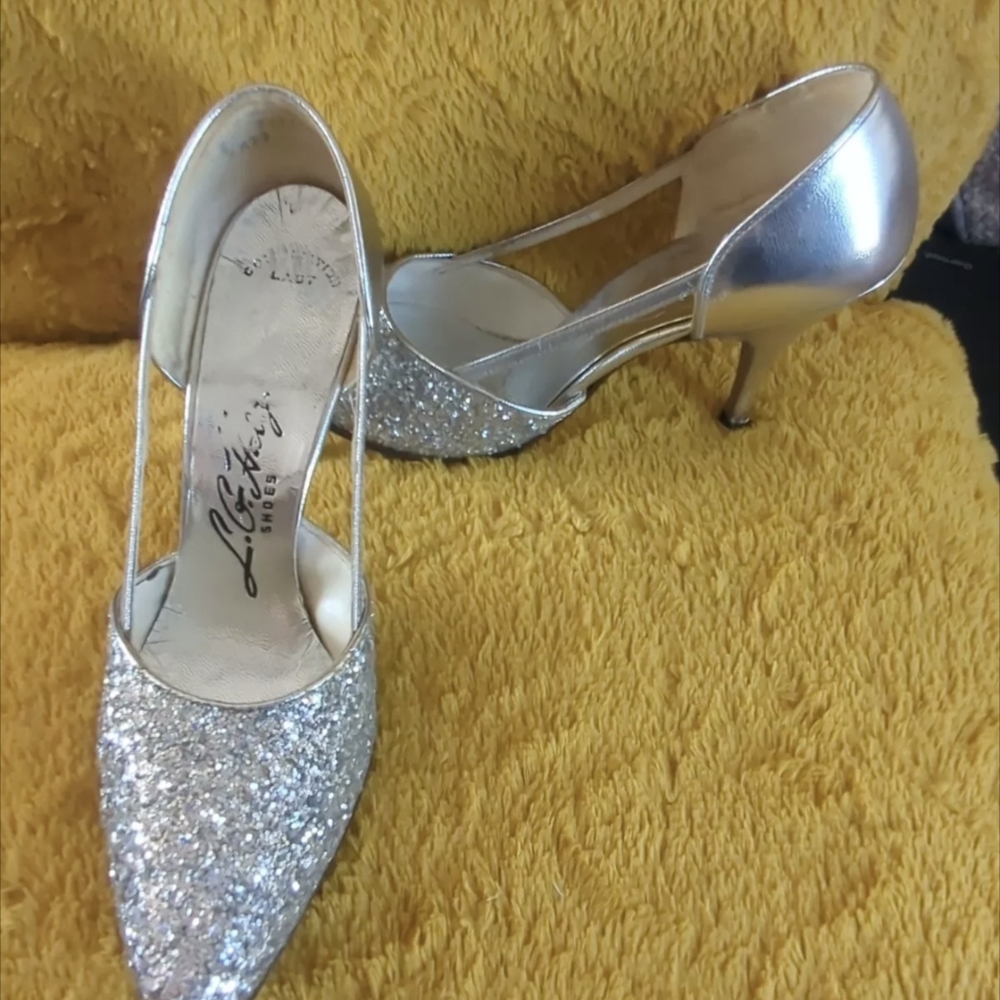 Vintage 50's L.G. Haig Silver Glitter HEELS 7.5 Cocktail Heel RARE Hard To Find